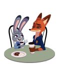 2016 absurd_res anthro buckteeth canid canine chair clothed clothing dipstick_ears disney doughnut duo eye_contact food fox fur furniture gloves_(marking) green_eyes grey_body grey_fur head_tuft hi_res holding_cup holding_object itty_bitties judy_hopps lagomorph leporid looking_at_another mammal markings multicolored_ears nick_wilde open_mouth open_smile orange_body orange_fur plate police_uniform purple_eyes rabbit red_fox simple_background sitting smile table teeth tuft uniform white_background zootopia 