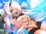  ahoge anchor azur_lane bandeau bare_shoulders black_gloves black_shorts blue_eyes blush breasts cameltoe collar dark_skin day drill_hair dutch_angle eyes_visible_through_hair facepaint fingerless_gloves gloves hair_over_one_eye hands_on_own_chest headgear heart_ahoge heterochromia highres indianapolis_(azur_lane) long_hair looking_at_viewer medium_breasts mofuaki outdoors pink_hair short_shorts shorts sky solo thighhighs twintails very_long_hair water_drop white_legwear yellow_eyes 