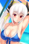  arm_up armpits bare_arms bare_shoulders blue_bikini_top blue_bow bow breasts cleavage closed_mouth collarbone commentary_request damao_yu eyebrows_visible_through_hair fate/grand_order fate_(series) frilled_bikini_top frills front-tie_bikini front-tie_top hair_bow highres horns kiyohime_(fate/grand_order) long_hair looking_at_viewer medium_breasts ocean ponytail red_eyes revision sidelocks silver_hair solo staff swimsuit tareme upper_body very_long_hair yellow_bow 