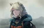  animal_ears bag blonde_hair blue_eyes blurry blurry_background closed_mouth coat depth_of_field fur_trim hood hood_down hsin long_hair looking_at_viewer mole mole_under_eye original pink_lips shoulder_bag snow snowing solo upper_body winter_clothes winter_coat zipper 