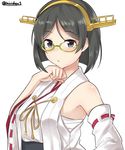  absurdres bare_shoulders black_hair blue_eyes blush breasts closed_mouth detached_sleeves eyebrows_visible_through_hair glasses green-framed_eyewear hand_on_own_chin headgear highres kantai_collection kirishima_(kantai_collection) kiritto looking_at_viewer medium_breasts nontraditional_miko remodel_(kantai_collection) shiny shiny_hair short_hair simple_background solo twitter_username white_background 