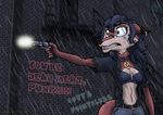  2017 alley anthro blue_hair brown_eyes canine carmelita_fox clothing collar ear_piercing fox fur graffiti gun hair kendallcollins mammal orange_fur piercing police_officer raining ranged_weapon sly_cooper_(series) torn_clothing video_games weapon wet 