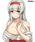  absurdres areola_slip areolae breasts brown_eyes cleavage collarbone eyebrows_visible_through_hair headband heart heart-shaped_pupils highres japanese_clothes kantai_collection kiritto large_breasts lips long_hair looking_at_viewer off_shoulder open_clothes red_headband remodel_(kantai_collection) shoukaku_(kantai_collection) silver_hair simple_background smile solo symbol-shaped_pupils twitter_username upper_body white_background 