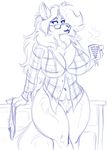  anthro big_breasts bottomless breasts canine clothed clothing cup eyewear female fenrir_lunaris glasses lipstick makeup mammal mature_female monochrome pubes sketch smile solo 