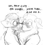  anthro black_and_white caprine cat comic dialogue english_text eye_contact feline hladilnik horn kissing male male/male mammal monochrome offscreen_character sheep sound_effects text 