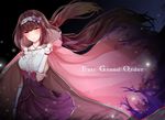  arm_warmers blush breasts brown_hair cloak copyright_name fate/grand_order fate_(series) head_tilt highres hood hood_down hooded_cloak large_breasts light_smile long_hair looking_at_viewer osakabe-hime_(fate/grand_order) purple_eyes purple_skirt skirt slime_(user_jpds8754) solo twintails 