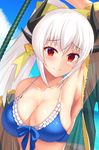  arm_up armpits bare_shoulders blue_bikini_top blue_bow bow breasts cleavage closed_mouth collarbone commentary_request damao_yu eyebrows_visible_through_hair fate/grand_order fate_(series) frilled_bikini_top frills front-tie_bikini front-tie_top hair_bow highres horns kiyohime_(fate/grand_order) long_hair long_sleeves looking_at_viewer medium_breasts ocean off_shoulder ponytail red_eyes revision see-through sidelocks silver_hair solo staff swimsuit tareme upper_body very_long_hair yellow_bow 