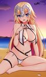  :d barefoot beach bikini blonde_hair blue_eyes blush breasts cameltoe chain cleavage commentary_request evening eyebrows_visible_through_hair fate/apocrypha fate_(series) jeanne_d'arc_(fate) jeanne_d'arc_(fate)_(all) large_breasts long_hair navel ocean open_mouth outdoors ppshex shiny shiny_skin sitting smile solo swimsuit thigh_strap very_long_hair white_bikini 