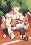  2017 abs anthro barefoot baseball_(disambiguation) belt biceps black_nose bulge canine claws clothed clothing digital_media_(artwork) fur hi_res looking_at_viewer male mammal muscular muscular_male nipples pants pecs pink_nipples scar silentheaven simple_background sitting solo toe_claws topless triceps white_fur wolf 