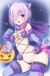  blush breasts cleavage dangerous_beast eyebrows_visible_through_hair fate/grand_order fate_(series) hair_over_one_eye halloween highres large_breasts looking_at_viewer mash_kyrielight navel open_mouth pumpkin purple_eyes purple_hair purple_legwear smile solo thighhighs umitonakai 