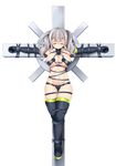  alternate_costume bdsm black_footwear bondage boots bound breasts cleavage collarbone cross crucifixion elbow_gloves facing_viewer full_body gloves highres kantai_collection kashima_(kantai_collection) large_breasts long_hair navel no_hat no_headwear outstretched_arms restrained revealing_clothes rope simple_background skindentation solo stomach thigh_boots thigh_gap thighhighs twintails underboob wavy_hair white_background yasume_yukito 