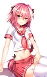  absurdres astolfo_(fate) black_bow blush bow braid closed_mouth come_hither crop_top enty_reward eyebrows_visible_through_hair fang fang_out fate/apocrypha fate/grand_order fate_(series) garter_straps hair_between_eyes hair_bow hair_intakes hair_ribbon hand_on_own_thigh highres huge_filesize lap_pillow long_hair looking_at_viewer male_focus midriff miniskirt multicolored_hair naughty_face navel otoko_no_ko paid_reward pink_hair pleated_skirt purple_eyes red_sailor_collar red_skirt ribbon sailor_collar school_uniform seiza serafuku short_sleeves silly_(marinkomoe) single_braid sitting skirt smile solo streaked_hair thighhighs very_long_hair white_legwear zettai_ryouiki 