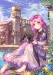  2girls :o barefoot bird black_bow bow building clock cloud cravat day dress eiyuu_densetsu estelle_bright flower frilled_dress frills full_body hair_bow head_tilt highres holding holding_stuffed_animal joshua_astray looking_at_viewer multiple_girls petals plant purple_bow purple_hair rainbow red_neckwear renne short_hair sitting sky sora_no_kiseki stuffed_animal stuffed_bunny stuffed_toy urn vines white_dress yellow_eyes yougen_kitsune 