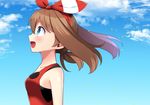  :d blue_eyes blue_sky blush brown_hair cloud collarbone day floating_hair from_side hair_between_eyes hairband haruka_(pokemon) hat hat_ribbon highres long_hair looking_up open_mouth outdoors pokemon pokemon_(game) pokemon_oras red_hairband ribbon shiny shiny_skin shirt sky sleeveless sleeveless_shirt smile solo upper_body yuihiko 