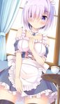  :&lt; apron black_legwear blush breasts closed_mouth cup eyebrows_visible_through_hair fate/grand_order fate_(series) hair_over_one_eye highres large_breasts looking_at_viewer maid maid_apron maid_headdress mash_kyrielight purple_eyes purple_hair short_hair solo teacup thighhighs umitonakai 