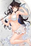  absurdres atago_(azur_lane) azur_lane bikini black_hair blush breasts brown_eyes chromatic_aberration emanon123 flower hair_flower hair_ornament highres large_breasts long_hair looking_at_viewer mole mole_under_eye navel skirt smile solo swimsuit umbrella water white_bikini 