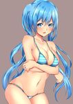  baretto_(karasi07) bikini blue_eyes blue_hair blush breasts commentary_request cowboy_shot crossed_arms hatsune_miku highres long_hair looking_at_viewer medium_breasts navel solo strap_gap striped striped_bikini sweatdrop swimsuit twintails very_long_hair vocaloid 