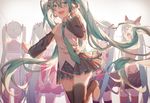  absurdly_long_hair aqua_hair aqua_neckwear arms_behind_back black_footwear black_skirt blue_eyes blush boots closed_eyes detached_sleeves floating_hair glow_(vocaloid) grey_background grey_hair grey_shirt hair_between_eyes hairband hand_in_hair hatsune_miku headphones highres leg_up long_hair looking_back melt_(vocaloid) microphone miniskirt multiple_girls odds_&amp;_ends_(vocaloid) outstretched_arm pleated_skirt red_eyes red_skirt school_uniform serafuku shirt skirt sleeveless sleeveless_shirt songover standing tell_your_world_(vocaloid) thigh_boots thighhighs tsukonin_p twintails very_long_hair vocaloid white_shirt white_skirt zettai_ryouiki 