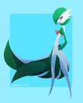  2013 blue_background eyelashes female gardevoir green_hair green_skin hair hand_on_hip humanoid nintendo not_furry pok&eacute;mon pok&eacute;mon_(species) pseudo_clothing red_eyes simple_background solo standing tinhan video_games white_skin 