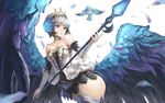  absurdres bare_shoulders bird blue_eyes choker cowboy_shot expressionless feathered_wings feathers gwendolyn highres holding holding_spear holding_weapon multicolored multicolored_wings na_(oagenosuke) odin_sphere polearm short_hair simple_background skirt solo spear thick_thighs thighhighs thighs tiara weapon white_background white_hair wings yellow_neckwear 