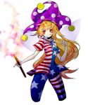  american_flag_dress american_flag_legwear blonde_hair clownpiece cropped_legs dress fairy_wings fire hat holding jester_cap licking_lips long_hair looking_at_viewer microdress neck_ruff pantyhose polka_dot purple_hat red_eyes shishitori short_sleeves simple_background smile solo standing star star_print striped striped_dress striped_legwear tongue tongue_out torch touhou very_long_hair white_background wings 