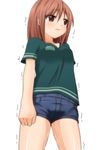  1girl artist_request blue_shorts blush breasts brown_eyes brown_hair collarbone eyebrows_visible_through_hair green_shirt highres legs_apart matching_hair/eyes medium_breasts original peeing peeing_self shirt short short_shorts short_sleeves simple_background solo standing tears trembling wet_clothes wet_shorts white_background 
