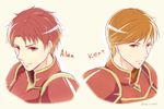  alen_(fire_emblem) armor artist_name beige_background character_name fire_emblem fire_emblem:_fuuin_no_tsurugi fire_emblem:_rekka_no_ken kent_(fire_emblem) male_focus multiple_boys orange_eyes orange_hair portrait red_eyes red_hair simple_background taiga_kazame 