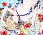 arm_up artoria_pendragon_(all) artoria_pendragon_(swimsuit_archer) bikini blonde_hair blue_flower blue_ribbon breasts cleavage day excalibur eyebrows_visible_through_hair fate/grand_order fate_(series) flower from_above green_eyes green_nails gun hair_between_eyes halterneck hibiscus holding holding_gun holding_weapon looking_at_viewer lying medium_breasts mirage_papillon nail_polish on_back outdoors red_flower ribbon short_hair smile solo swimsuit water water_gun weapon white_bikini white_flower 