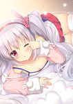  ;o animal_ears azur_lane bangs bare_shoulders black_hairband blush breasts bunny_ears camisole cleavage clenched_hand collarbone commentary_request eyebrows_visible_through_hair fingernails grey_hair hair_between_eyes hair_ornament hair_scrunchie hairband heart heart_pillow jacket laffey_(azur_lane) long_hair long_sleeves looking_at_viewer lying off_shoulder on_side one_eye_closed parted_lips pillow pink_jacket pleated_skirt red_eyes red_scrunchie red_skirt scrunchie shibainu_niki skindentation skirt sleepy sleeves_past_wrists small_breasts solo strap_slip thighhighs twintails very_long_hair white_camisole white_legwear 