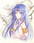  armlet bare_shoulders bloodline blue_eyes blue_hair bracelet breasts character_request closed_mouth commentary_request forehead_jewel gekka_nanako heaven_maiden_(bloodline) highres jewelry large_breasts long_hair looking_at_viewer sideboob smile solo upper_body 