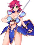  armor bracelet breastplate breasts cleavage final_fantasy final_fantasy_v green_eyes highres jewelry large_breasts lenna_charlotte_tycoon midriff navel open_mouth pauldrons raochuu red_hair shield short_hair sword weapon 