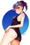  ass bangs blush breasts eyebrows_visible_through_hair fate/grand_order fate_(series) goggles goggles_on_head helena_blavatsky_(fate/grand_order) helena_blavatsky_(swimsuit_archer)_(fate) hijiri_ruka looking_at_viewer one-piece_swimsuit ponytail purple_eyes purple_hair school_swimsuit short_hair small_breasts smile solo swimsuit watermark 