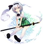  black_bow black_hairband black_ribbon blue_eyes bow chiroru_(cheese-roll) hair_ribbon hairband highres holding holding_weapon katana konpaku_youmu konpaku_youmu_(ghost) looking_at_viewer puffy_short_sleeves puffy_sleeves ribbon sheath sheathed short_hair short_sleeves smile sword thighhighs touhou weapon white_hair white_legwear zettai_ryouiki 