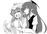  bangs blunt_bangs breast_grab breasts covered_nipples crescent crescent_hair_ornament dress grabbing grabbing_from_behind greyscale hair_ornament hat kamukamu_(ars) koakuma large_breasts licking long_hair long_sleeves mob_cap monochrome multiple_girls open_mouth patchouli_knowledge pointy_ears simple_background striped striped_dress touhou upper_body white_background yuri 