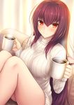  bangs bare_legs blush breasts cup eyebrows_visible_through_hair fate/grand_order fate_(series) highres large_breasts long_hair looking_at_viewer mug purple_hair red_eyes scathach_(fate)_(all) scathach_(fate/grand_order) sitting smile sweater taiki_ken turtleneck turtleneck_sweater 