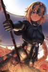  &gt;:( ark_ford blue_eyes blurry braid commentary depth_of_field fate/apocrypha fate_(series) flag frown gauntlets headpiece highres holding horizon jeanne_d'arc_(fate) jeanne_d'arc_(fate)_(all) light_brown_hair long_hair looking_at_viewer petals polearm signature single_braid solo v-shaped_eyebrows weapon 