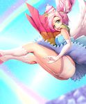  aqua_background ass boots cure_parfait elbow_gloves falling feet_out_of_frame food_themed_hair_ornament gloves green_eyes hair_ornament harihisa kirahoshi_ciel kirakira_precure_a_la_mode knee_boots long_hair looking_at_viewer magical_girl panties pink_hair precure rainbow skirt solo star star-shaped_pupils symbol-shaped_pupils underwear upskirt white_footwear white_gloves white_panties white_wings wings 