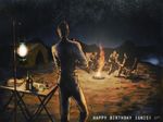  campfire final_fantasy final_fantasy_xv from_behind gladiolus_amicitia happy_birthday ignis_scientia lantern male_focus multiple_boys noctis_lucis_caelum prompto_argentum setsu-st sky star_(sky) starry_sky table tent 