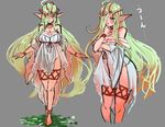  :o ankle_lace-up ankle_ribbon barefoot blush breasts character_sheet choker cleavage cross-laced_footwear elf full_body green_hair groin hair_over_one_eye hand_on_own_chin headpiece hey_taishou huge_breasts jewelry long_hair multiple_views necklace no_panties original pointy_ears ribbon sketch smile sweatdrop thigh_ribbon thigh_strap v-shaped_eyebrows very_long_hair yellow_eyes 