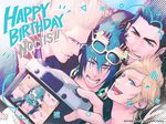  black_hair blonde_hair brown_hair camera eyewear_on_head final_fantasy final_fantasy_xv gladiolus_amicitia halftone happy_birthday ignis_scientia laughing male_focus multiple_boys noctis_lucis_caelum prompto_argentum self_shot setsu-st viewfinder 