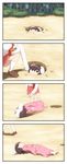  4koma :&lt; absurdres animal_ears barefoot blurry breast_squeeze breasts brown_footwear brown_hair bunny_ears bush carrot closed_mouth comic dress empty_eyes forest hair_between_eyes highres hole inaba_tewi large_breasts long_sleeves looking_up lying motion_blur multiple_girls nature no_nose on_back out_of_frame outdoors parody pink_dress reisen_udongein_inaba shirosato shirt shoes short_hair socks squatting stuck throwing touhou tree white_legwear 