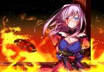  blood blood_on_face blue_eyes breasts cleavage detached_sleeves earrings fate/grand_order fate_(series) fire guro hair_down hair_ornament_removed highres injury jewelry large_breasts miyamoto_musashi_(fate/grand_order) one_eye_closed pink_hair rshow sheath smile 