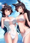  :d animal_ears asymmetrical_docking atago_(azur_lane) azur_lane bad_id bad_pixiv_id bangs bare_arms bare_shoulders bikini black_hair blue_sky blunt_bangs blush bow breast_press breasts brown_hair casual_one-piece_swimsuit cleavage cleavage_cutout cloud covered_navel cowboy_shot day flower hair_bow hair_flower hair_ornament hands_on_own_chest high_ponytail highres horizon large_breasts long_hair looking_at_viewer multiple_girls navel ocean one-piece_swimsuit open_mouth outdoors round_teeth sawawse see-through shiny shiny_hair sky smile standing stomach swimsuit takao_(azur_lane) teeth very_long_hair water white_bikini white_bow yellow_eyes 