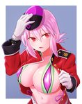  bikini bikini_under_clothes breasts changing_clothes commentary_request fate/grand_order fate_(series) florence_nightingale_(fate/grand_order) gloves greenkohgen hair_between_eyes hat large_breasts long_hair long_sleeves looking_at_viewer military military_uniform navel open_clothes open_shirt parted_lips pink_hair red_eyes shirt solo stomach swimsuit trick_or_treatment uniform upper_body white_gloves 