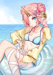  absurdres adjusting_hair aer_(tengqiu) bikini blue_bikini blue_eyes bolt breasts cloud day double_bun fate/grand_order fate_(series) floating frankenstein's_monster_(fate) frankenstein's_monster_(swimsuit_saber)_(fate) hair_ornament hair_over_one_eye hairclip headgear highres horn innertube leg_ribbon looking_at_viewer medium_breasts neck_ribbon ocean outdoors parted_lips pink_hair ribbon short_hair side-tie_bikini sitting sky solo swimsuit water 