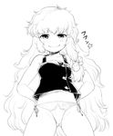  belly_peek blush eyebrows_visible_through_hair greyscale hair_ribbon hands_on_hips kirisame_marisa long_hair looking_at_viewer messy_hair monochrome navel no_pants panties ribbon seductive_smile side-tie_panties smile thick_eyebrows thighs touhou translated tress_ribbon underwear very_long_hair vest wavy_hair yonaki 