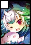  1girl :d ahoge black_border black_gloves bondrewd border circle_cut creature eyebrows_visible_through_hair gloves green_hair horizontal_pupils looking_at_viewer made_in_abyss meinya_(made_in_abyss) multicolored_hair one_eye_closed open_mouth out_of_frame prushka red_eyes sakurazawa_izumi short_hair smile two-tone_hair white_hair 