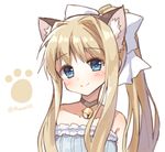  air animal_ears bangs bare_shoulders bell bell_choker blonde_hair blue_dress blue_eyes blush bow brown_neckwear cat_ears choker closed_mouth collarbone dress eyebrows_visible_through_hair hair_between_eyes hair_bow head_tilt high_ponytail jingle_bell kamio_misuzu long_hair looking_at_viewer mauve off-shoulder_dress off_shoulder ponytail sidelocks simple_background smile solo twitter_username white_background white_bow 