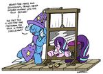  ! 2017 ? apple blue_hair bobthedalek cape clothing costume equine food friendship_is_magic fruit gem guillotine hair hat horn imminent_death lock long_hair magic_show mammal multicolored_hair my_little_pony open_mouth rope shirt_cuffs stage star starlight_glimmer_(mlp) text trixie_(mlp) unicorn 