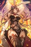  animal_ears bare_shoulders brown_hair bunny_ears closed_mouth fishnets flower frilled_skirt frills from_below granblue_fantasy hair_flower hair_ornament highres kakage long_hair looking_at_viewer navel one_eye_closed purple_eyes rosetta_(granblue_fantasy) skirt smile solo thighhighs tray 